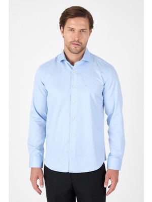 Koyu Mavi Uzun Kol Yarım Italyan Yaka Cepsiz Non Iron Slim Fit Pamuklu Gömlek 1004250267