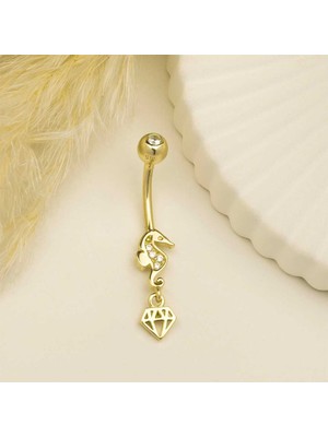 Deniz Atı Motifli Elmas Sallantılı Göbek Piercing