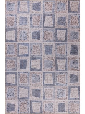 Bespoky 150x230 cm Bej Mavi Geometrik Modern Eskitme geleneksel Yıkanabilir Halı | Salon Yatak Odası Halısı | Hav Vermez, Leke Tutmaz, Kaymaz | BA32-DİKDÖRTGEN
