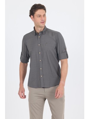 Koyu Haki Kısalabilir Kol Smart Biritli Yaka Cepsiz  Slim Fit  Gömlek 1004250224