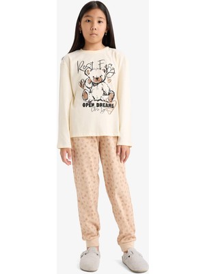 DeFacto %100 Pamuklu Ayıcık Baskılı Beli Lastikli Pijama Takımı Kız Çocuk F6216A825WN