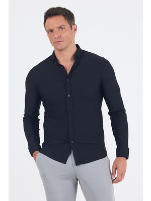 Siyah Smart Düğmeli Yaka Uzun Kol Cepsiz Slim Fit Esnek Gömlek Gömlek 1004250252