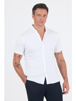 Beyaz Italyan Düğmeli Yaka Kısa Kol Cepsiz Slim Fit Gömlek 1004250255