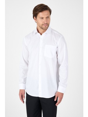 Beyaz Uzun Kol Sert Yaka Cepli Non Iron Comfort Fit Pamuklu Gömlek 1004250268