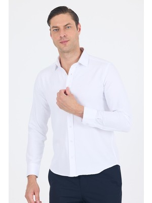 Beyaz Sert Yaka Düz Classic Pamuklu Slim Fit Gömlek 1004250214