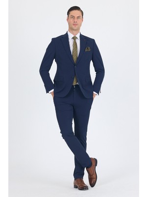 Lacivert Mono Yaka Yarım Astar 6 Drop Slim Fit   Beli Lastikli Takım Elbise 1001250121