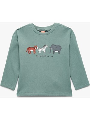 Pamuklu Hayvan Baskılı Bisiklet Yaka Uzun Kollu Tişört