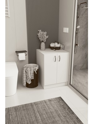 Dekorfim DF03107B Çamaşır Makinesi Dolabı Üstü Çok Amaçlı 2 Kapaklı Banyo Dolabı Depolama Alanı Beyaz