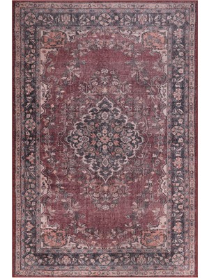 Bespoky 150x150 cm Bordo Geleneksel Madalyonlu Yıkanabilir Halı | Salon Yatak Odası Halısı | Leke Tutmayan, Kaymaz | BA14-KARE