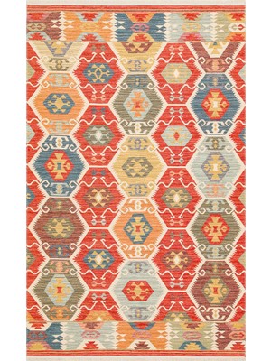 Kırmızı Afgan Etnik Modern Desenli Hav Vermeyen Leke Tutmayan Kolay Temizlenen Yumuşak Makine Salon Yolluk Mutfak Halı