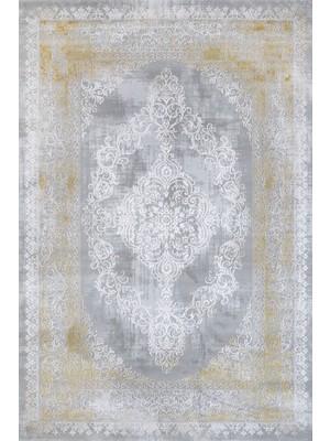 Bespoky 120x180 cm Altın Açık Gri Madalyonlu Klasik Çiçeksi Yıkanabilir Halı | Yatak Odası Çocuk Odası Halısı | Leke Tutmayan, Kaymaz | ARTEMİS_DİOR-5860E