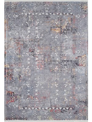 Chakwal Gri Modern Etnik Desenli Makinada Yıkanabilir Hav Toz Vermez Leke Tutmayan Kaymaz Taban Dijital Makine Baskı Salon Yolluk Mutfak Halı