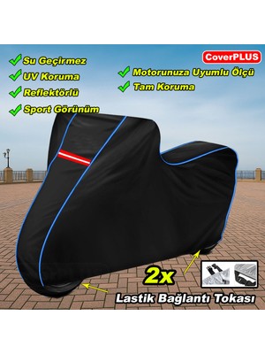 Kuba Space 50 Pro Pro Branda Siyah Mavi-Dikişli Reflektörlü Motosiket Brandası Motor Örtüsü Çadır Su Geçirmez Motosiklet Kılıfı Motor Brandası