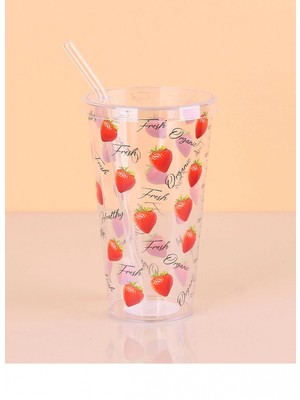 Desenli Plastik Pipetli Bardak 16 cm 1 Adet -ENF-040