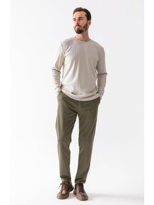 Erkek Beli Lastikli Bağlama Detaylı %100 Pamuklu Jogger Pantolon Haki - 25088
