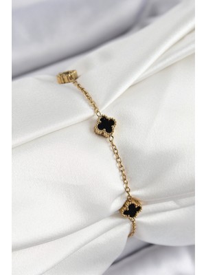 316L Çelik Siyah Sedef Yonca Model Gold Renk Kadın Bileklik