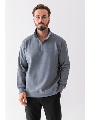 Erkek Dik Yaka Yarım Fermuarlı Dokulu Sweatshirt Açık Haki - 25K 1061