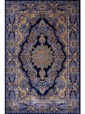 Bespoky 80x150 cm Lacivert Medalyonlu Klasik Şal deseni Yıkanabilir Halı | Yatak Odası Mutfak Halısı | Leke Tutmayan, Kaymaz | ARTEMİS_SİLK-5156A