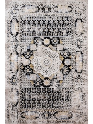 Bespoky 80x150 cm Siyah Bej Eskitme Vintage Medalyonlu Yıkanabilir Halı | Yatak Odası Mutfak Halısı | Leke Tutmayan, Kaymaz | ARTEMİS_ARİANA-6305D