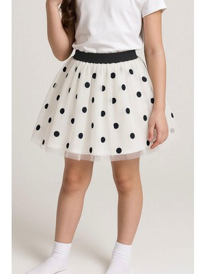 Breeze Kız Çocuk Tütü Etek Puan Desenli Simli Beli Lastikli 5-10 Yaş, Beyaz