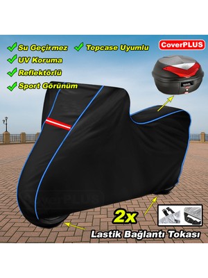 Vespa Sprint 125 Pro Arka Çanta Uyumlu Branda Siyah Mavi-Dikişli Reflektörlü Motosiket Brandası Motor Örtüsü Çadır Su Geçirmez Motosiklet Kılıfı Motor Brandası