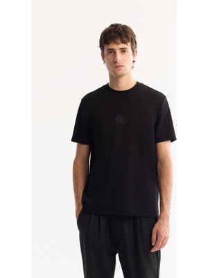 AVVA Erkek Siyah Bisiklet Yaka Viskon Karışımlı Bi-Stretch Baskılı Regular Fit T-Shirt A52Y1020
