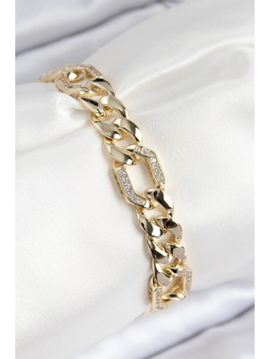 Vıp Pirinç Zirkon Taşlı Parçalı Zincir Model Gold Renk Kadın Bileklik