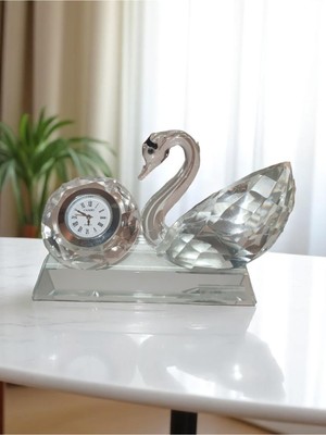 Kristal Kuğulu Saat Dekoratif Obje Biblo Süs