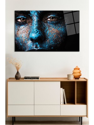 Mavi Boyalı Kadın Portresi Cam Tablo, Darbelere Dayanıklı Kırılmaz Cam, Hediyelik