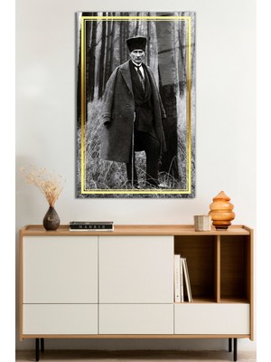 Gold Şeritli Gri Ormanda Atatürk Cam Tablo, Darbelere Dayanıklı Kırılmaz Cam, Hediyelik