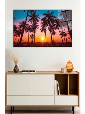 Palmiyeler ve Gün Batımı Manzarası Cam Tablo, Darbelere Dayanıklı Kırılmaz Cam, Hediyelik