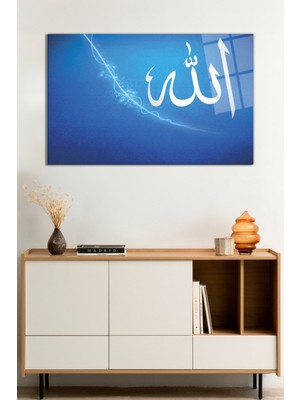 Mavi Temalı Allah Lafzı Dini Cam Tablo, Darbelere Dayanıklı Kırılmaz Cam, Hediyelik