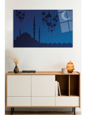 Mavi Cami ve Hilal Dini Islami Cam Tablo, Darbelere Dayanıklı Kırılmaz Cam, Hediyelik