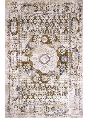 Hali.Net 120x180 cm Kahverengi Krem Geometrik Vintage Eskitme Halı | Salon Yatak Odası Halısı | Hav Vermez Leke Tutmaz | ARTEMİS_ARİANA-6305A