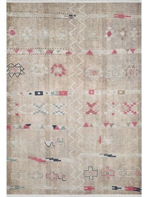 Hali.Net 120x300 cm Bej Kırmızı Geometrik Bohem Etnik Halı | Salon Yatak Odası Halısı | Hav Vermez Hipoalerjenik | HALN-HLN1682