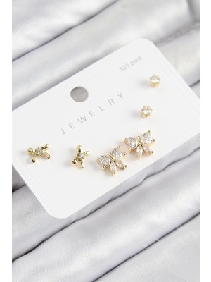 Pirinç Zirkon Taşlı Fiyonk Model Gold Renk 925 Ayar Gümüş Çivi Kadın Küpe Set