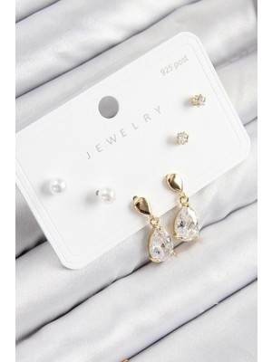 Pirinç Zirkon Taşlı Sallantılı Damla Model Gold Renk 925 Ayar Gümüş Çivi Kadın Küpe Set