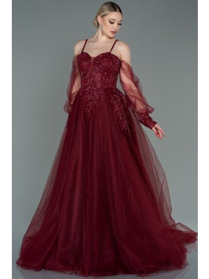 Taş Işlemeli Uzun Tül Kol Özel Tasarım Abiye ABU2789