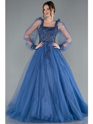 Taş Işlemeli Uzun Tül Kol Özel Tasarım Abiye ABU2791