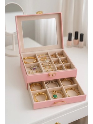 Dışı Deri Içi Kadife Kilitli Çekmeceli Takı Bijuteri Mücevher Kutusu Organizer Düzenleyici Pembe Ithal Ürün