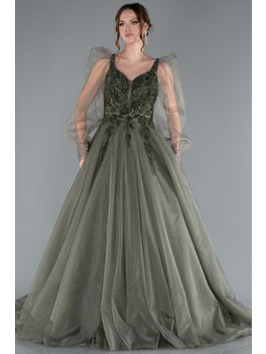 Dantelli Taş Işlemeli Uzun Kol Özel Tasarım Abiye ABU2790