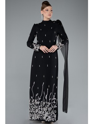 Taşlı Uzun Kol Dik Yaka Tesettür Abiye ABU4931