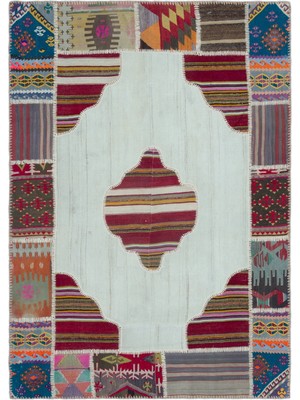 Hali.Net 165x236 cm Mavi Krem Geometrik Yama İşi Yama İşi Halı | Salon Yatak Odası Halısı | Hav Vermez | UNİQUE-25534