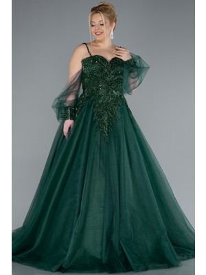 Işlemeli Uzun Büyük Beden Nişan Elbisesi ABU3822