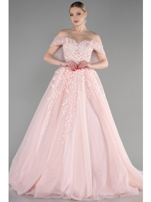 Kayık Yaka Üç Boyutlu Uzun Özel Tasarım Abiye ABU3600