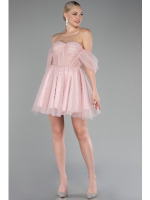 Kayık Yaka Boncuklu Kısa Abiye Elbisesi ABK2109