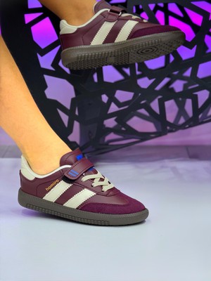 Çocuk Cırtlı Bağcıklı Su Geçirmez Spor Ayakkabı- Bordo Bej