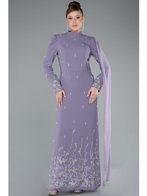 Taşlı Uzun Kol Dik Yaka Tesettür Abiye ABU4931