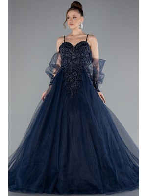 Taş Işlemeli Uzun Tül Kol Özel Tasarım Abiye ABU2789