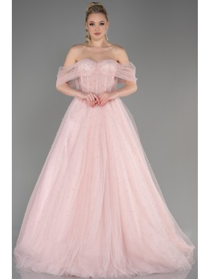 Kayık Yaka Boncuklu Uzun Özel Tasarım Abiye ABU3599